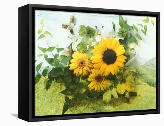 Sun Flowers And Green Vine Bouquet with Green Mountain Tops-null-Framed Stretched Canvas
