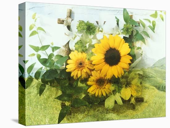 Sun Flowers And Green Vine Bouquet with Green Mountain Tops-null-Stretched Canvas