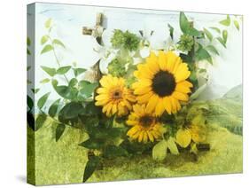 Sun Flowers And Green Vine Bouquet with Green Mountain Tops-null-Stretched Canvas