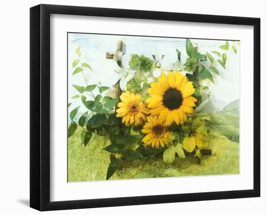 Sun Flowers And Green Vine Bouquet with Green Mountain Tops-null-Framed Photographic Print