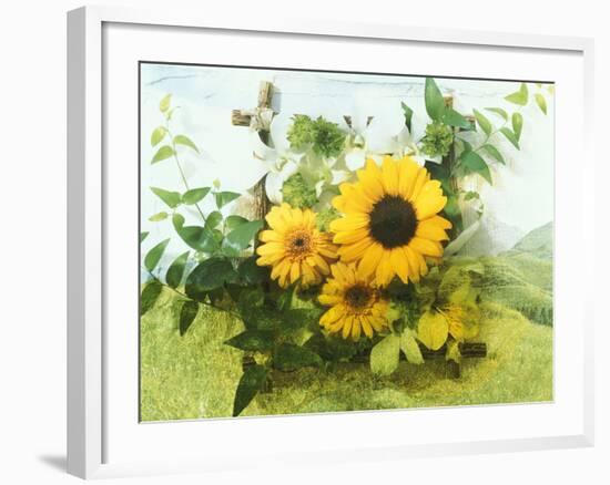 Sun Flowers And Green Vine Bouquet with Green Mountain Tops-null-Framed Photographic Print