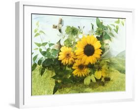 Sun Flowers And Green Vine Bouquet with Green Mountain Tops-null-Framed Photographic Print