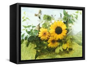 Sun Flowers And Green Vine Bouquet with Green Mountain Tops-null-Framed Stretched Canvas