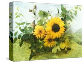 Sun Flowers And Green Vine Bouquet with Green Mountain Tops-null-Stretched Canvas
