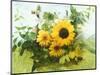 Sun Flowers And Green Vine Bouquet with Green Mountain Tops-null-Mounted Photographic Print