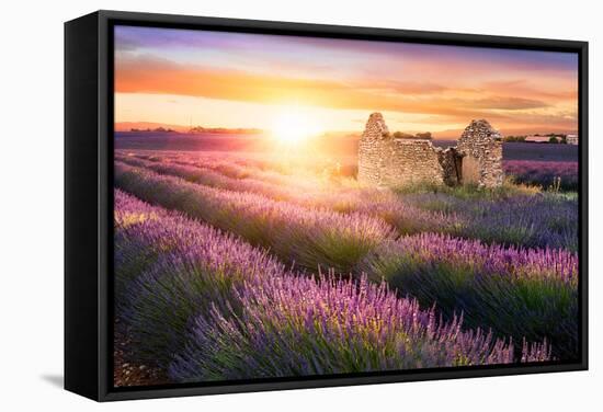 Sun Is Setting over a Beautiful Purple Lavender Filed in Valensole. Provence, France-Beatrice Preve-Framed Stretched Canvas