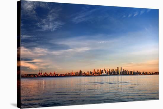 Sun Painting the City Skyline Gold, Blue Water and Sky-West Coast Scapes-Stretched Canvas