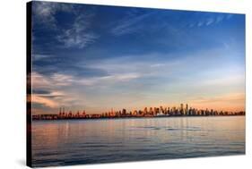 Sun Painting the City Skyline Gold, Blue Water and Sky-West Coast Scapes-Stretched Canvas