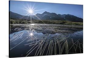 Sun rises on Peak Emet reflected in Lake Andossi Chiavenna Valley Spluga Valley  Valtellina Lombard-ClickAlps-Stretched Canvas