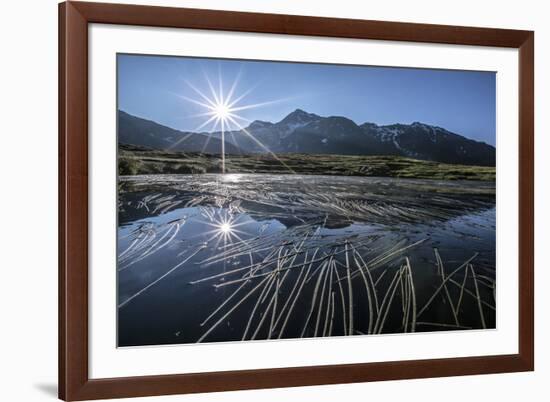 Sun rises on Peak Emet reflected in Lake Andossi Chiavenna Valley Spluga Valley  Valtellina Lombard-ClickAlps-Framed Photographic Print