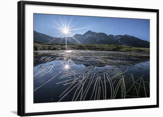 Sun rises on Peak Emet reflected in Lake Andossi Chiavenna Valley Spluga Valley  Valtellina Lombard-ClickAlps-Framed Photographic Print