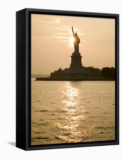 Sun Setting Behind the Statue of Liberty on a Summer Evening-John Nordell-Framed Stretched Canvas