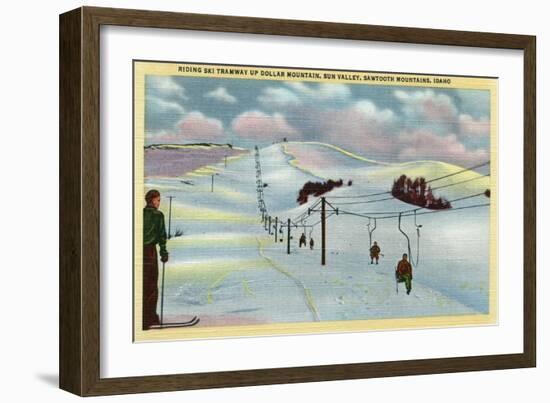 Sun Valley, ID - Sawtooth Mnts. Riding Ski Tramway up Dollar Mnt.-Lantern Press-Framed Art Print