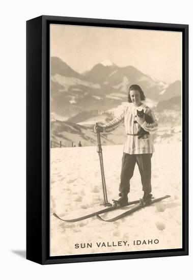 Sun Valley, Idaho, Girl Skiing with Cat-null-Framed Stretched Canvas