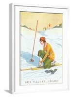 Sun Valley, Idaho, Lady Skier Fixing Bindings-null-Framed Art Print