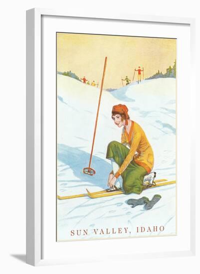 Sun Valley, Idaho, Lady Skier Fixing Bindings-null-Framed Art Print