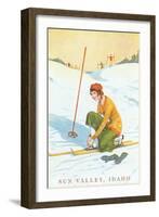 Sun Valley, Idaho, Lady Skier Fixing Bindings-null-Framed Art Print