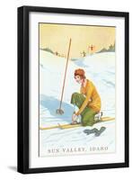 Sun Valley, Idaho, Lady Skier Fixing Bindings-null-Framed Art Print