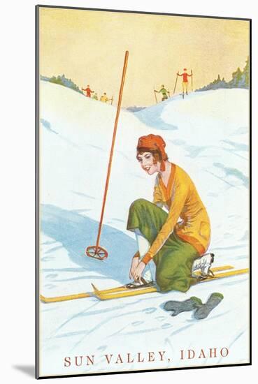 Sun Valley, Idaho, Lady Skier Fixing Bindings-null-Mounted Art Print