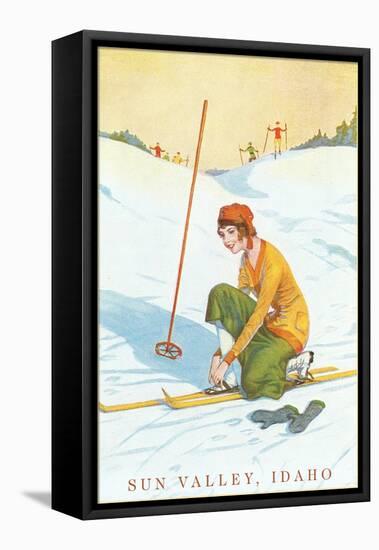 Sun Valley, Idaho, Lady Skier Fixing Bindings-null-Framed Stretched Canvas