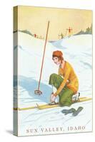 Sun Valley, Idaho, Lady Skier Fixing Bindings-null-Stretched Canvas