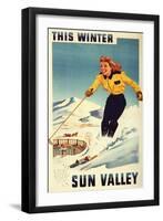 Sun Valley, Idaho - Red-headed Woman Smiling and Skiing Poster-Lantern Press-Framed Art Print