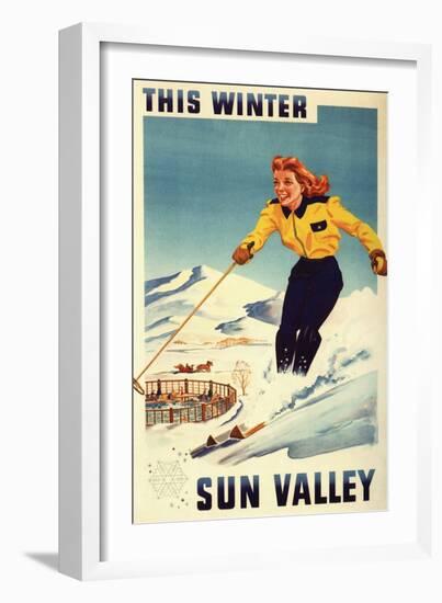 Sun Valley, Idaho - Red-headed Woman Smiling and Skiing Poster-Lantern Press-Framed Art Print