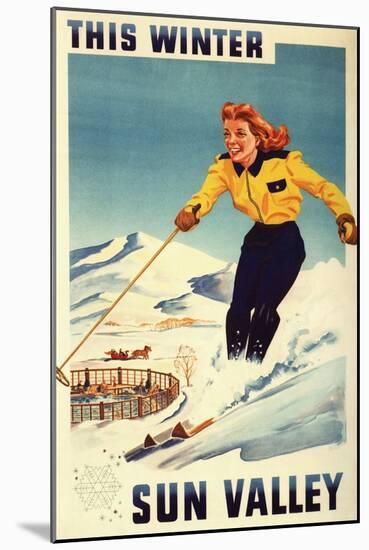 Sun Valley, Idaho - Red-headed Woman Smiling and Skiing Poster-Lantern Press-Mounted Art Print