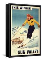 Sun Valley, Idaho - Red-headed Woman Smiling and Skiing Poster-Lantern Press-Framed Stretched Canvas