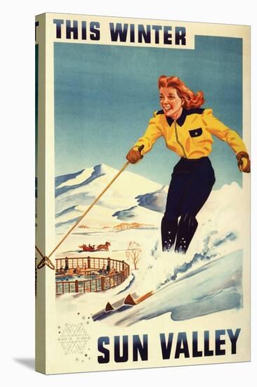 Sun Valley, Idaho - Red-headed Woman Smiling and Skiing Poster-Lantern Press-Stretched Canvas