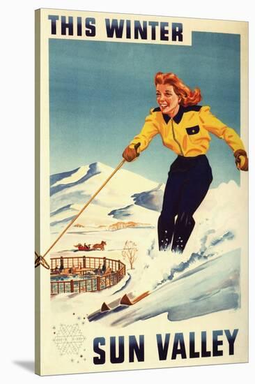 Sun Valley, Idaho - Red-headed Woman Smiling and Skiing Poster-Lantern Press-Stretched Canvas