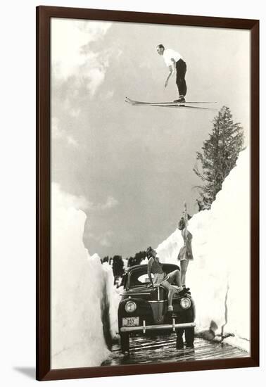 Sun Valley, Idaho, Ski Jumper Over Car-null-Framed Art Print