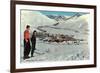 Sun Valley, Idaho, Skiers Looking Over Town-null-Framed Premium Giclee Print