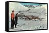 Sun Valley, Idaho, Skiers Looking Over Town-null-Framed Stretched Canvas