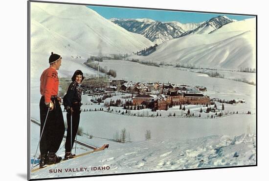 Sun Valley, Idaho, Skiers Looking Over Town-null-Mounted Art Print