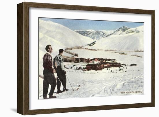 Sun Valley, Idaho, Skiers Looking over Town-null-Framed Art Print