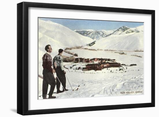 Sun Valley, Idaho, Skiers Looking over Town-null-Framed Art Print