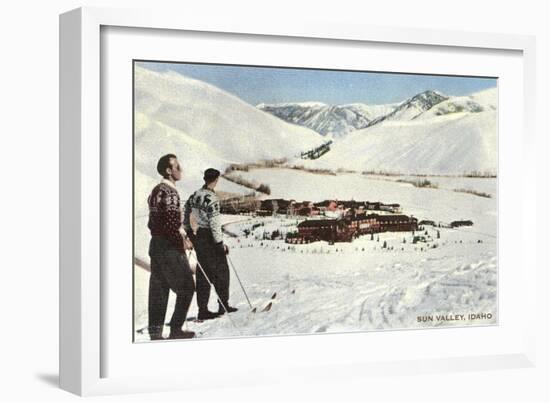 Sun Valley, Idaho, Skiers Looking over Town-null-Framed Art Print