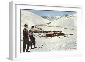 Sun Valley, Idaho, Skiers Looking over Town-null-Framed Art Print