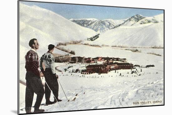 Sun Valley, Idaho, Skiers Looking over Town-null-Mounted Art Print