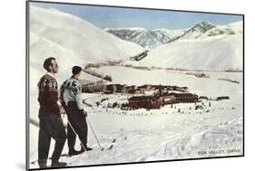 Sun Valley, Idaho, Skiers Looking over Town-null-Mounted Art Print