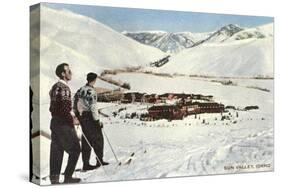 Sun Valley, Idaho, Skiers Looking over Town-null-Stretched Canvas