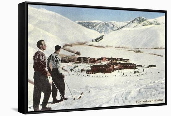 Sun Valley, Idaho, Skiers Looking over Town-null-Framed Stretched Canvas