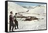 Sun Valley, Idaho, Skiers Looking over Town-null-Framed Stretched Canvas