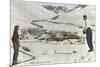 Sun Valley, Idaho, Skiers Looking Over Town-null-Mounted Premium Giclee Print