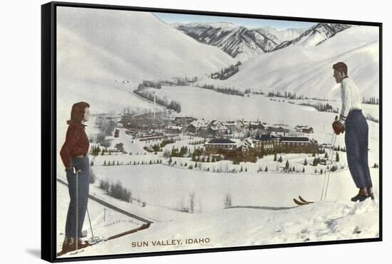 Sun Valley, Idaho, Skiers Looking Over Town-null-Framed Stretched Canvas