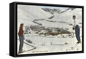 Sun Valley, Idaho, Skiers Looking Over Town-null-Framed Stretched Canvas