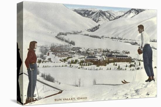 Sun Valley, Idaho, Skiers Looking Over Town-null-Stretched Canvas