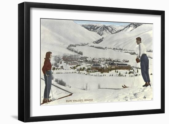 Sun Valley, Idaho, Skiers Looking Over Town-null-Framed Art Print