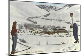 Sun Valley, Idaho, Skiers Looking Over Town-null-Mounted Art Print
